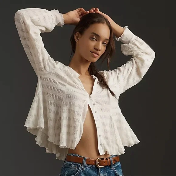 NWOT Anthropologie Long-Sleeve Button-Front Textured Blouse - Picture 12 of 12